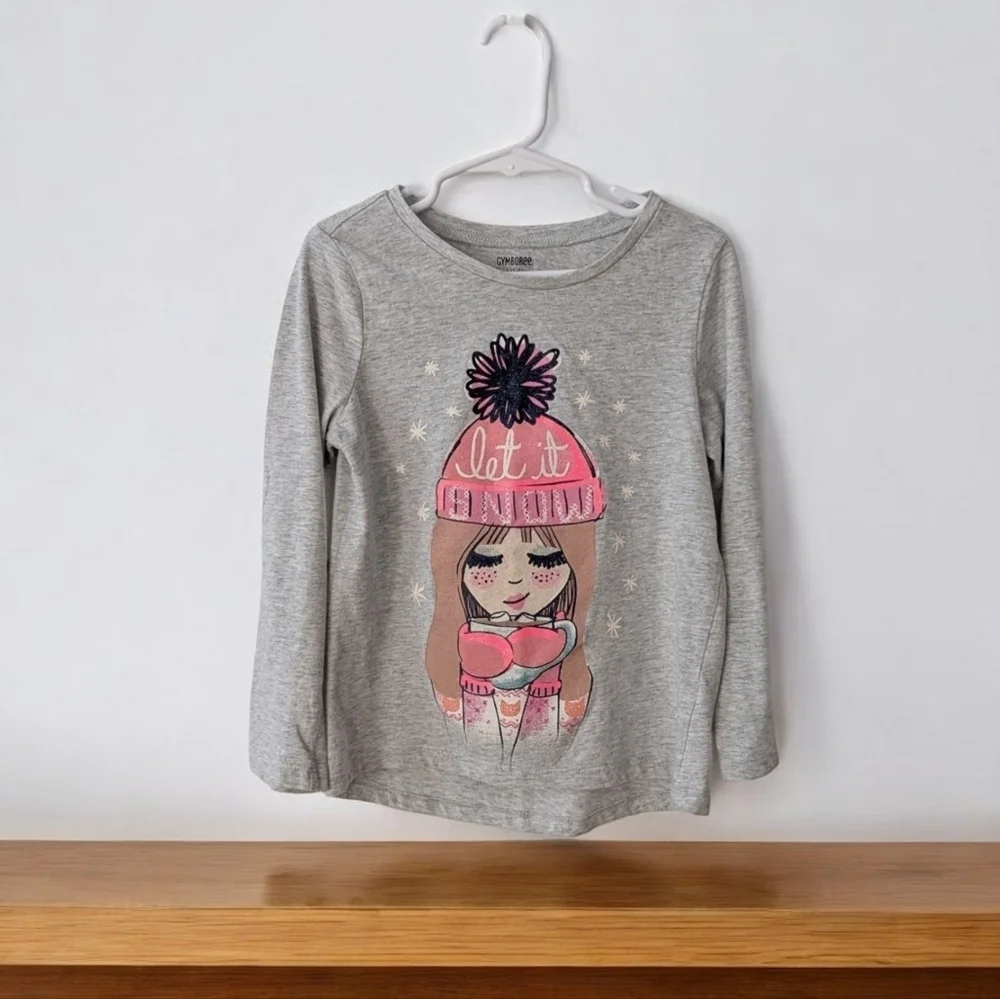 Gymboree Girls Gray Long Sleeve Tee with Pink Winter Graphic Cotton Size (5-6)